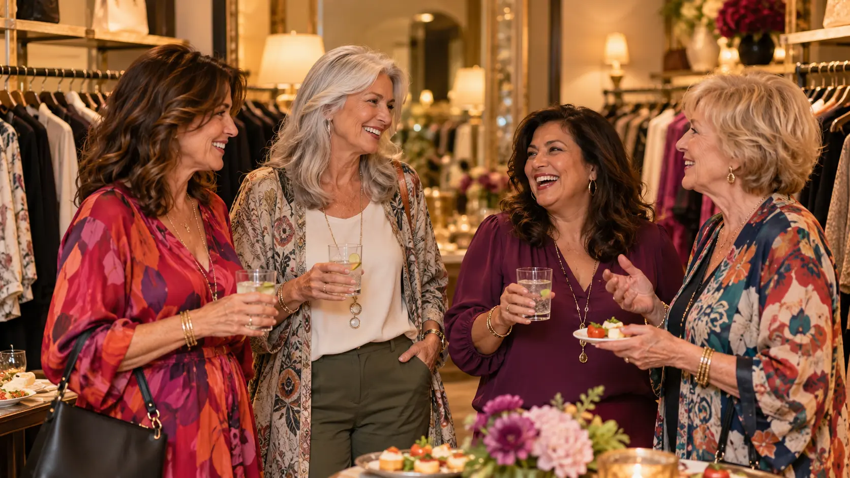 Four women ages 45 to 75 enjoying a private boutique event together